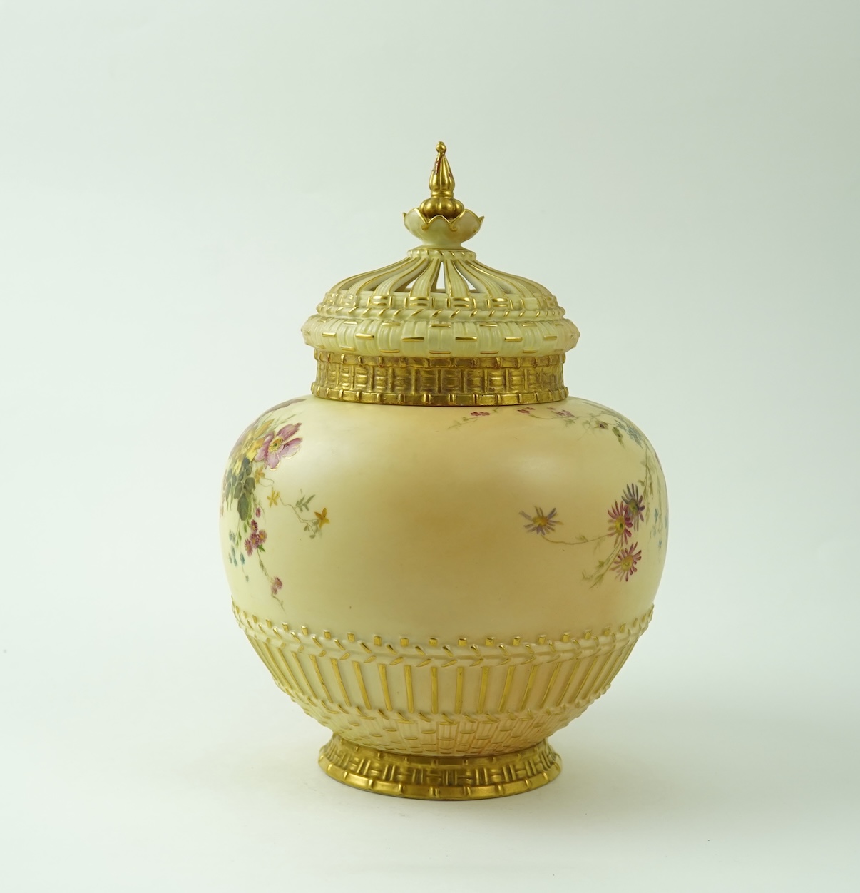 A Royal Worcester blush ivory pot pourri, cover and liner, c.1896